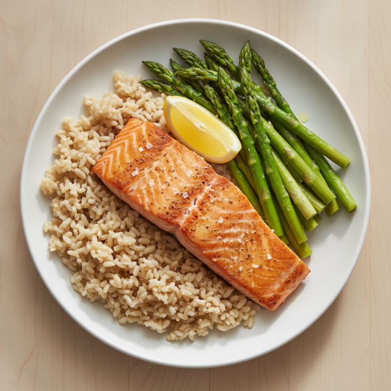 Seared Salmon with Steamed Asparagus and Brown Rice
