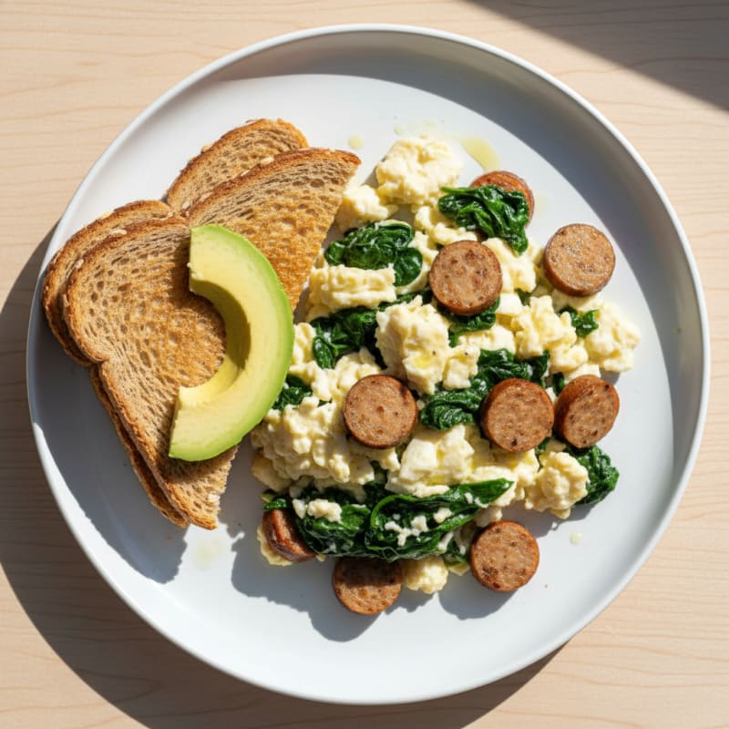 Egg White Spinach Scramble with Turkey Sausage