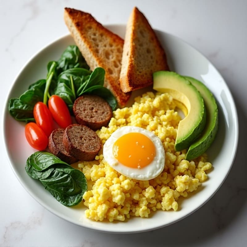 Egg White Scramble with Turkey Sausage, Spinach, Avocado & Toast