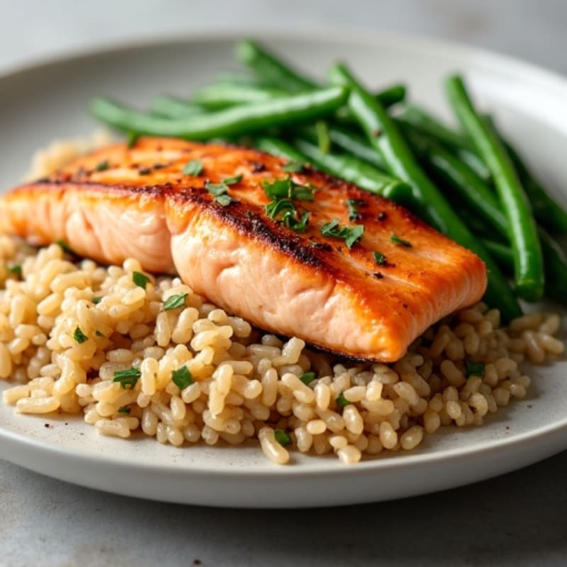 Seared Salmon with Garlic Green Beans and Brown Rice