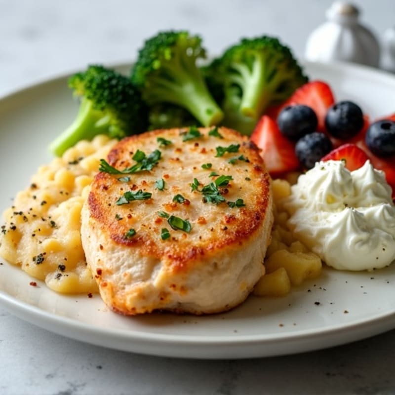 Oven-Baked Chicken Breast with Garlic Mashed Potatoes, Steamed Broccoli & Cottage Cheese Fruit Garnish