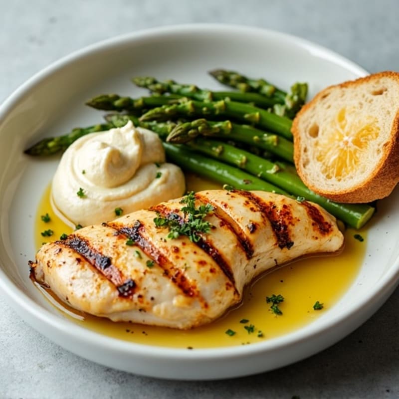 Grilled Lemon Herb Chicken with Roasted Asparagus, Creamy Hummus, and Crispy Sourdough