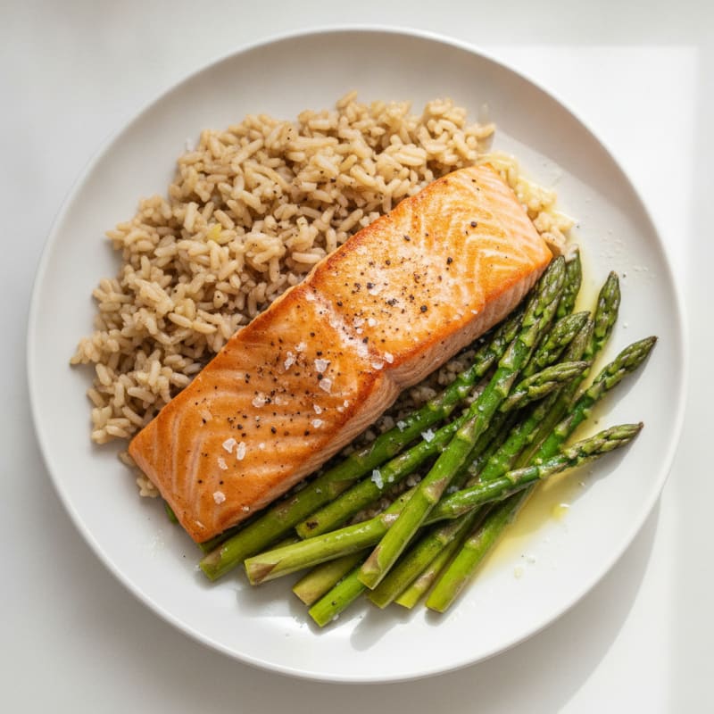 Seared Salmon Fillet with Steamed Asparagus and Brown Rice