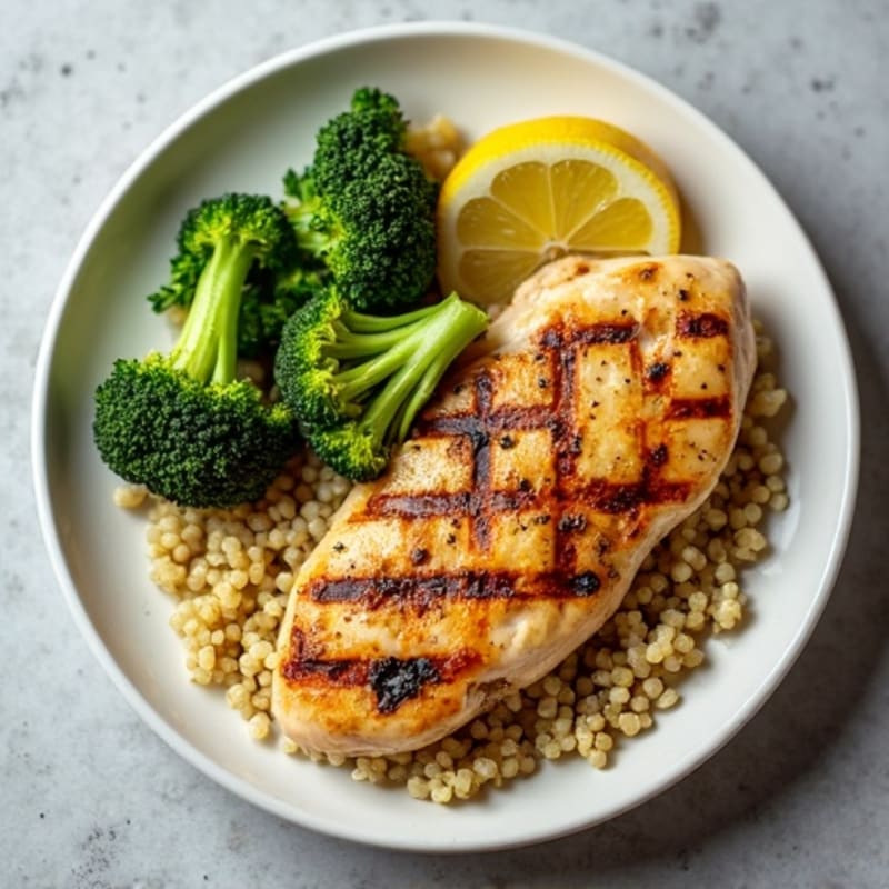 Grilled Lemon Chicken Breast with Quinoa and Roasted Broccoli