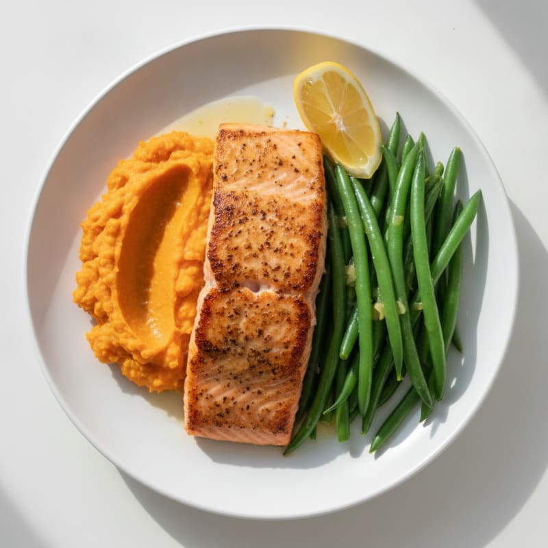 Seared Salmon with Steamed Green Beans and Sweet Potato Mash