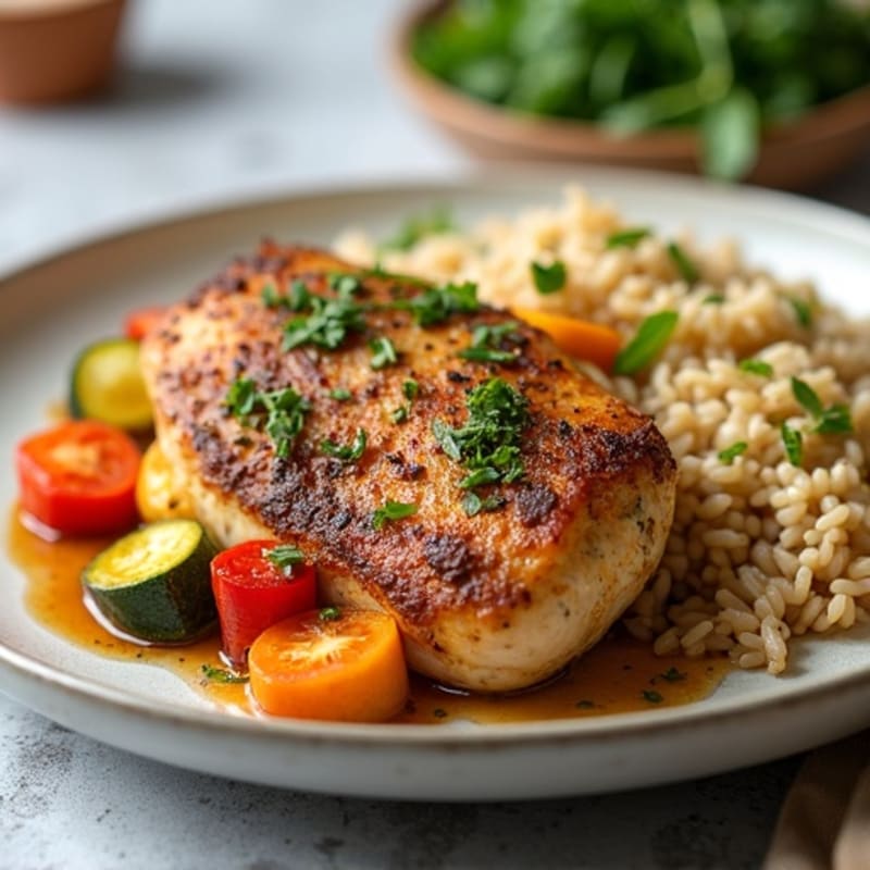 Herb-Roasted Chicken with Crispy Roasted Vegetables and Fluffy Brown Rice
