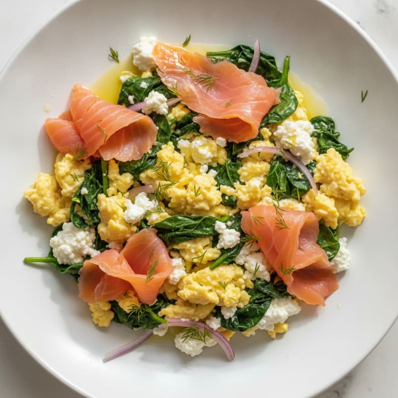 Smoked Salmon Scramble with Cottage Cheese and Spinach