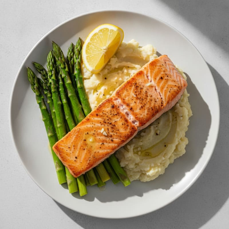 Seared Salmon with Steamed Asparagus and Garlic Mashed Cauliflower