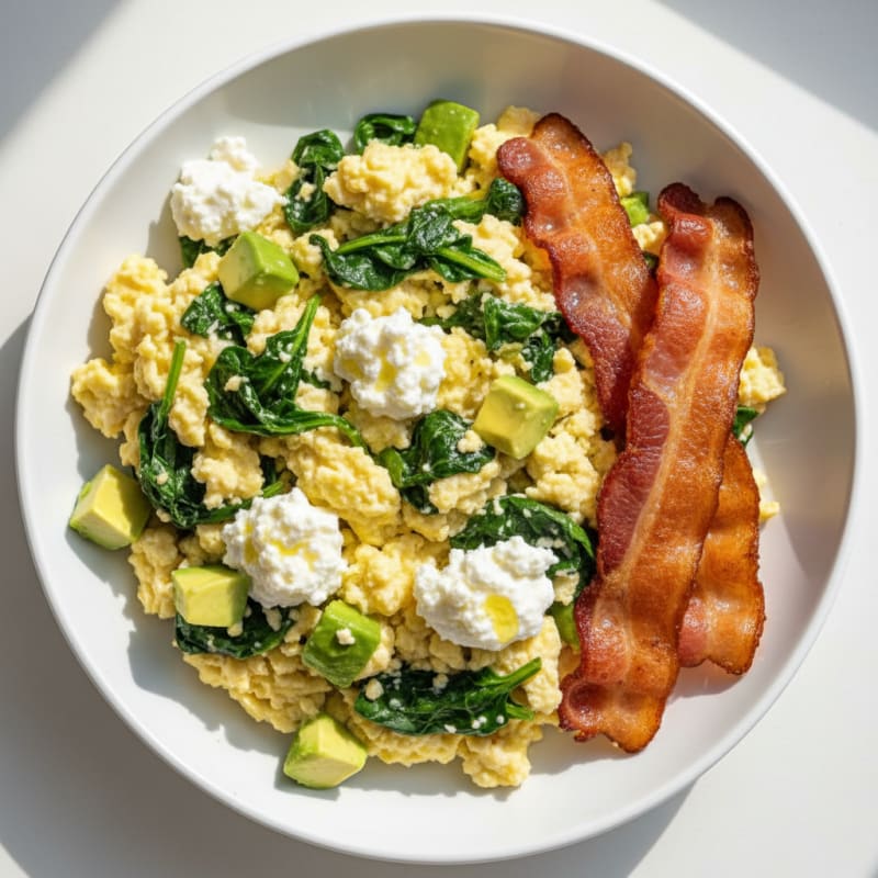Cottage Cheese Scramble with Spinach and Turkey Bacon