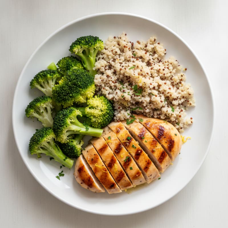 Grilled Lemon-Garlic Chicken Breast with Quinoa and Steamed Broccoli