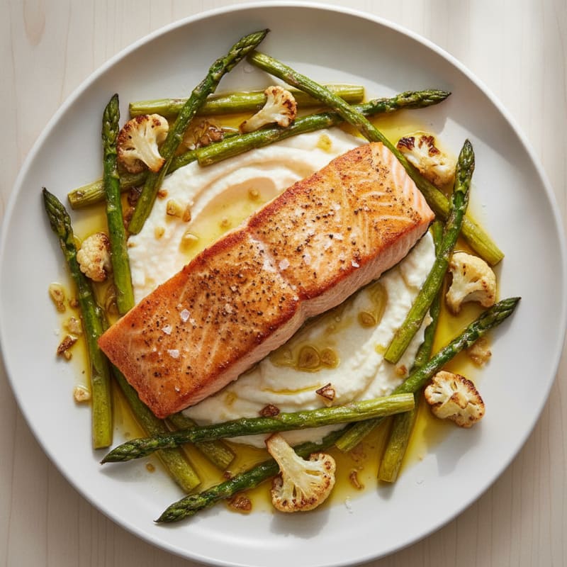 Seared Salmon with Roasted Asparagus and Cauliflower Mash