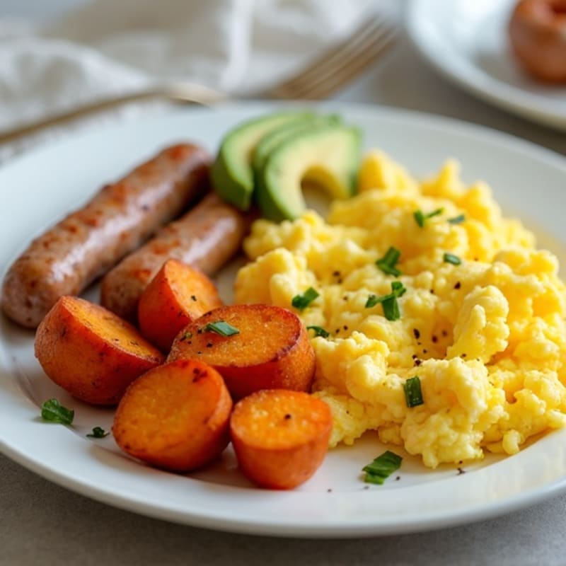 Scrambled Eggs with Turkey Sausage and Roasted Sweet Potatoes