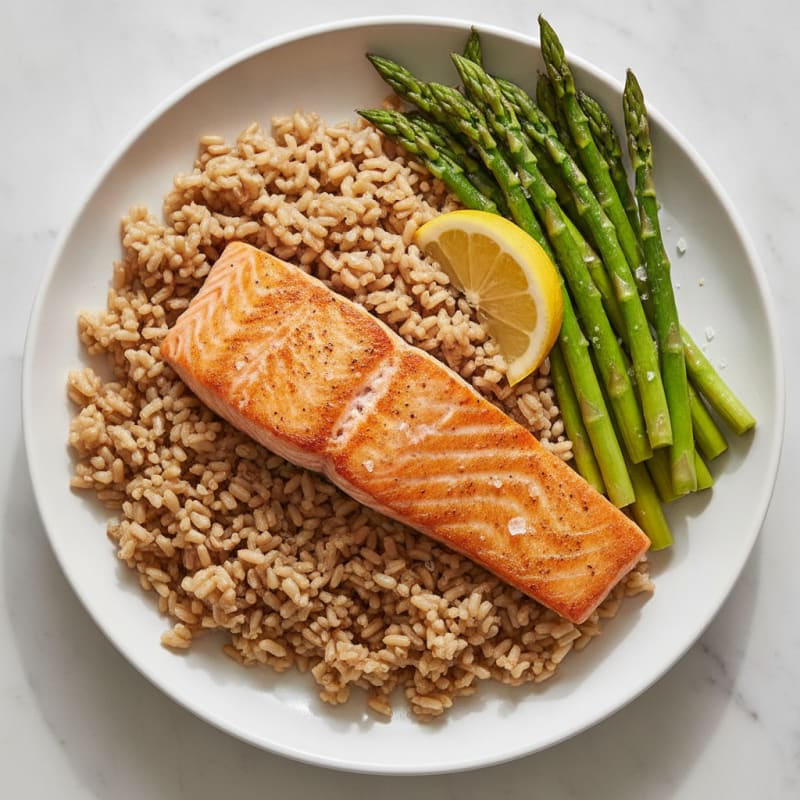 Seared Salmon with Steamed Asparagus and Brown Rice