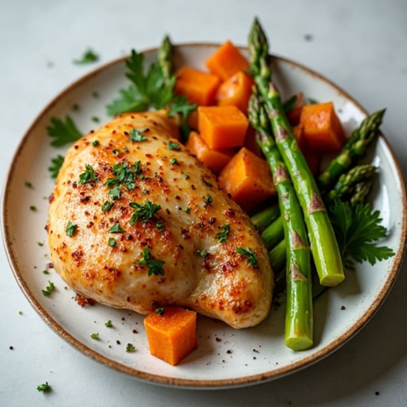 Crispy Lemon-Herb Roasted Chicken with Roasted Sweet Potatoes and Asparagus
