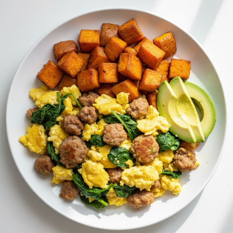 Crispy Turkey Sausage and Spinach Egg Scramble with Roasted Sweet Potatoes