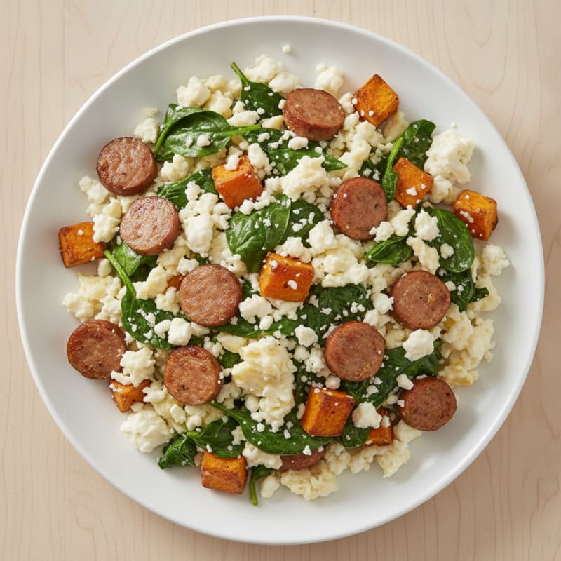 Egg White and Turkey Sausage Scramble with Spinach and Feta