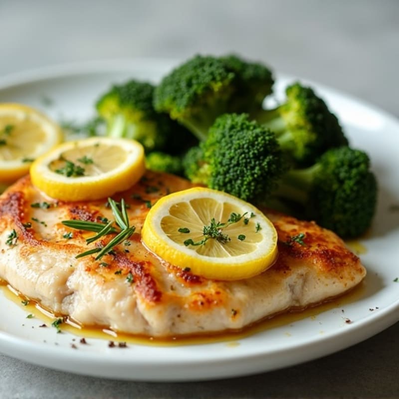 Lemon Herb Pan-Seared Chicken Breast with Roasted Broccoli