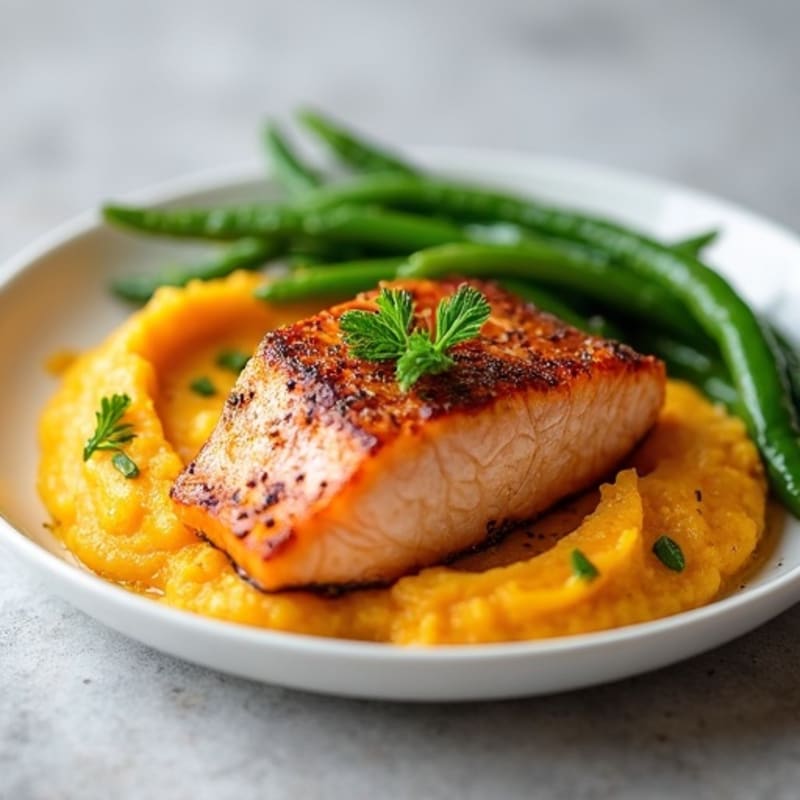 Seared Salmon with Steamed Green Beans and Mashed Sweet Potato