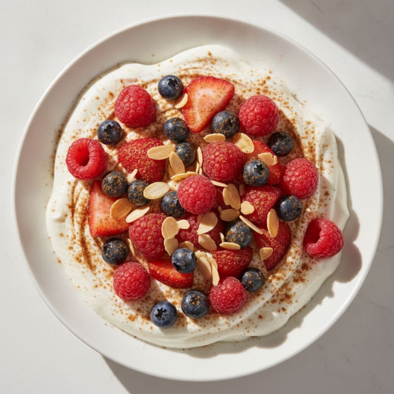 Silky Protein Yogurt Bowl with Mixed Berries and Almonds
