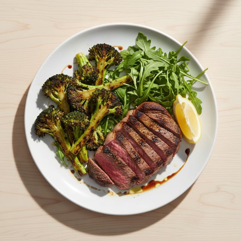Seared Lean Steak with Roasted Broccoli and Arugula Salad