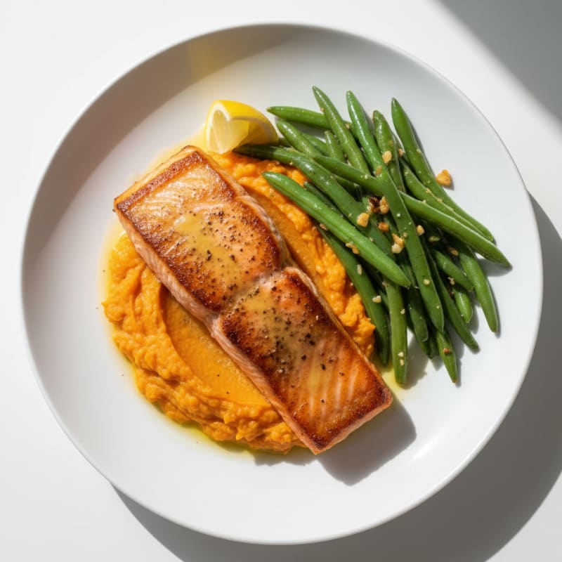 Seared Salmon with Garlic Green Beans and Sweet Potato Mash