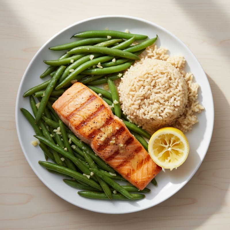 Seared Salmon with Garlic Green Beans and Brown Rice