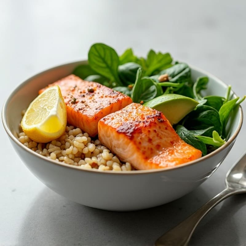 Seared Salmon Rice Bowl with Fresh Greens and Creamy Avocado