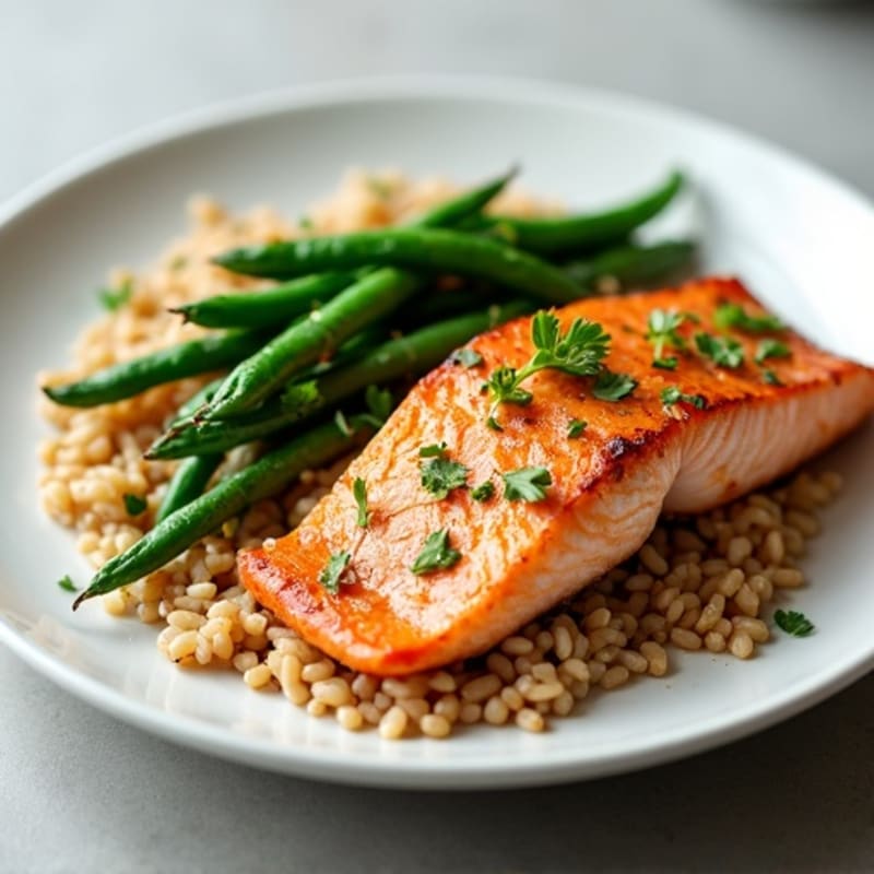 Seared Salmon with Garlic Green Beans and Brown Rice