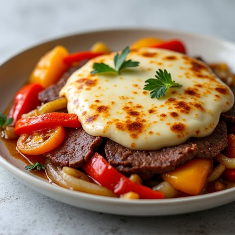 Lean Sliced Beef with Sautéed Peppers, Onions, and Creamy Provolone