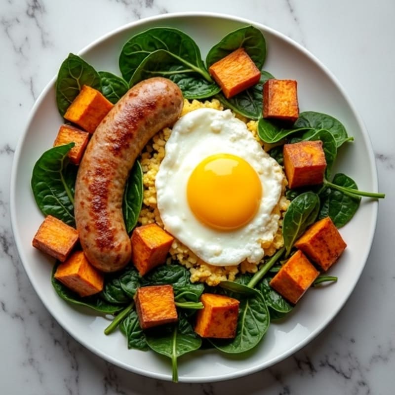 Egg White and Turkey Sausage Scramble with Spinach and Roasted Sweet Potatoes