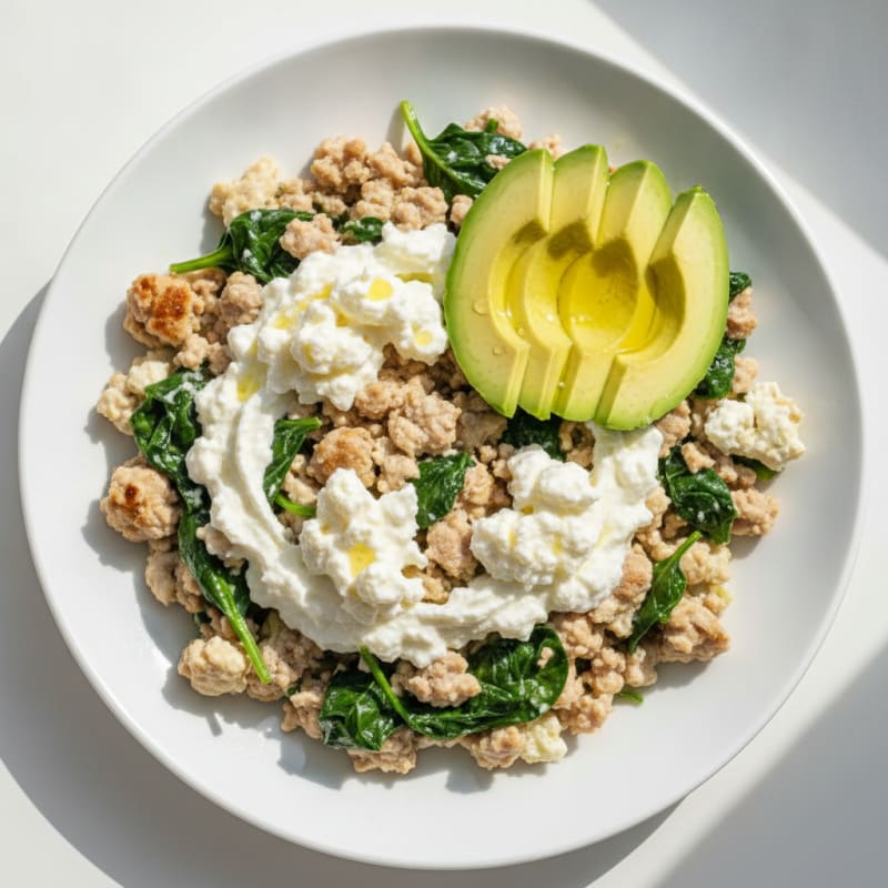 Egg White and Turkey Spinach Scramble with Cottage Cheese
