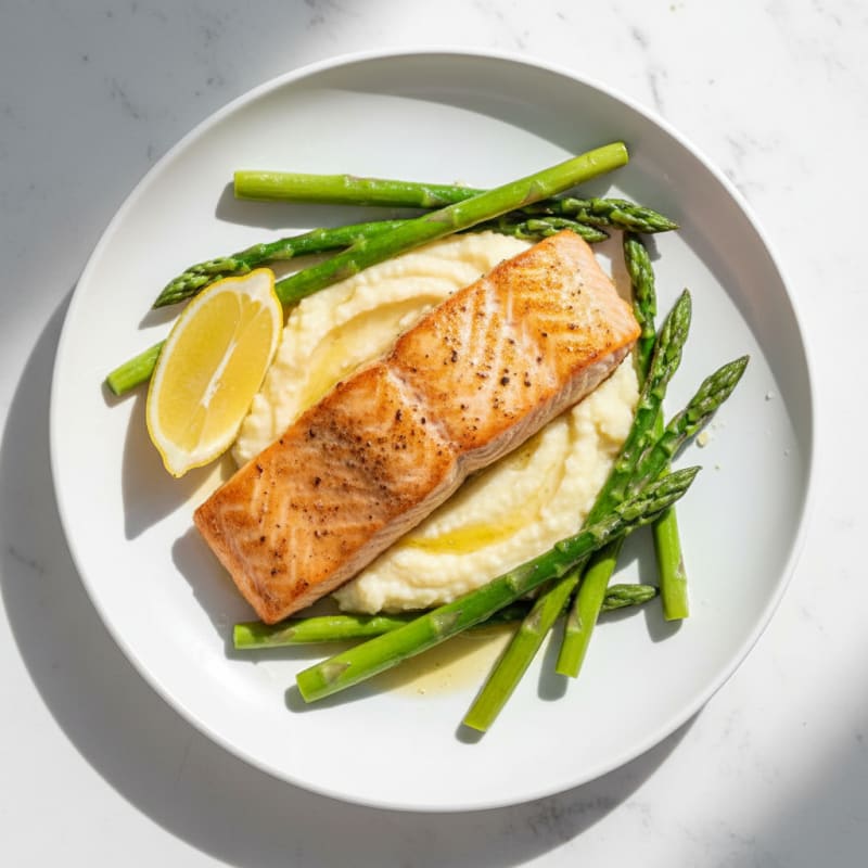 Seared Salmon with Steamed Asparagus and Cauliflower Mash