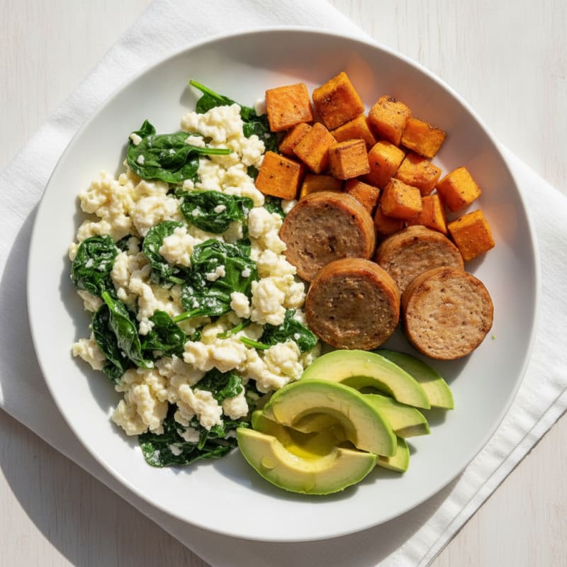 Egg White Scramble with Turkey Sausage and Sautéed Spinach