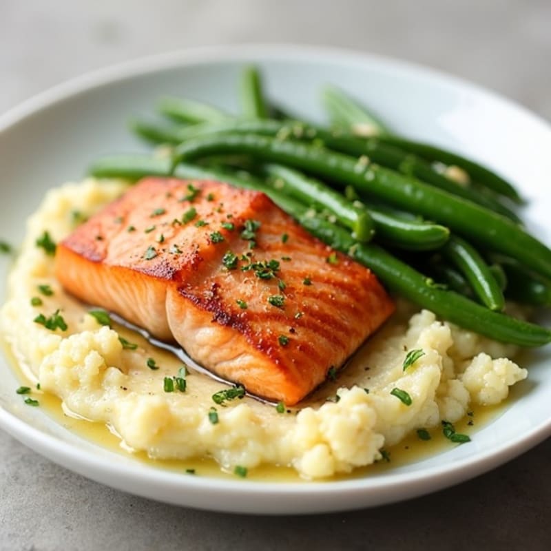 Seared Salmon with Garlic Green Beans and Cauliflower Mash