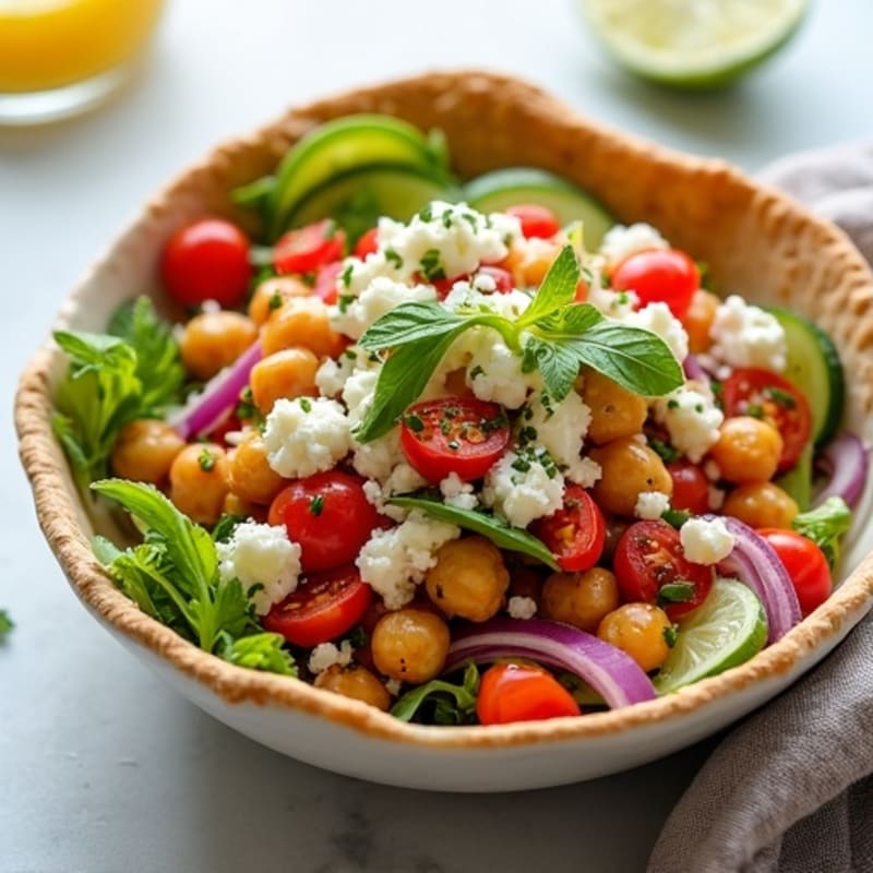 Crispy Chickpea and Fresh Veggie Feta Pita Bowl