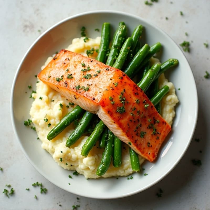 Seared Salmon Filet with Garlic Green Beans and Cauliflower Mash
