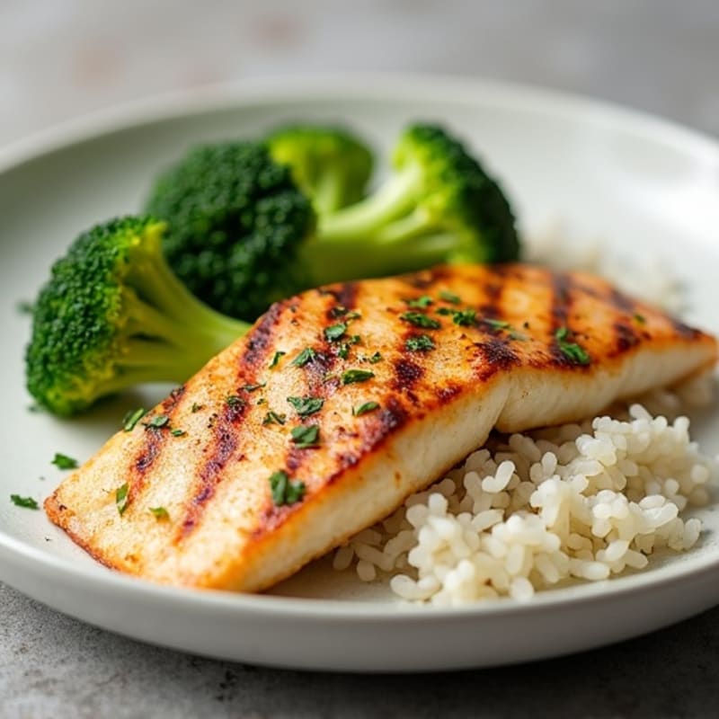 Grilled Fish Fillet with Steamed Broccoli and Rice