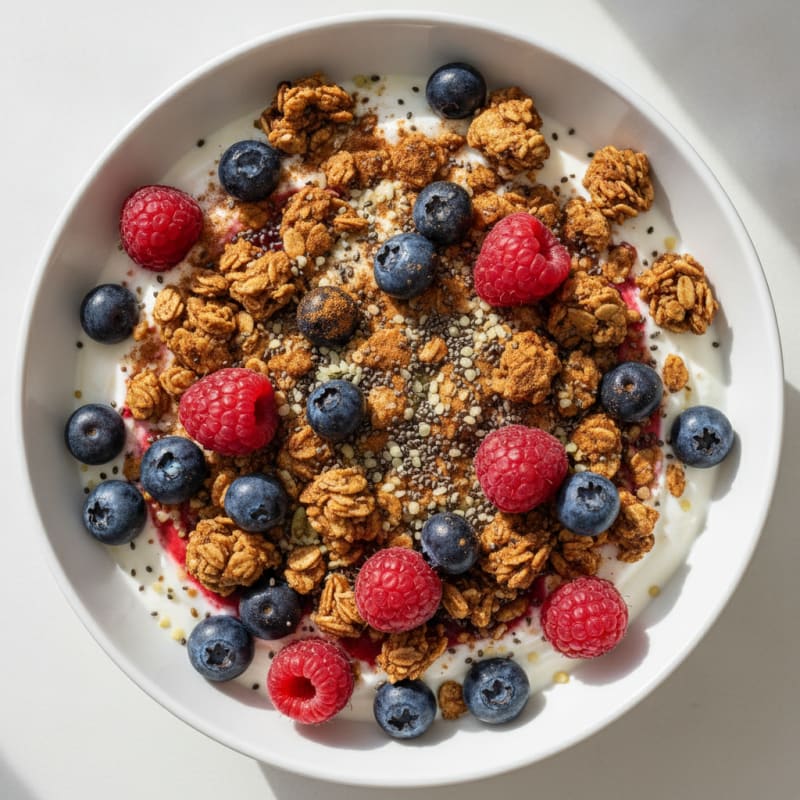 High-Protein Berry Yogurt Bowl with Hemp and Grain-Free Granola