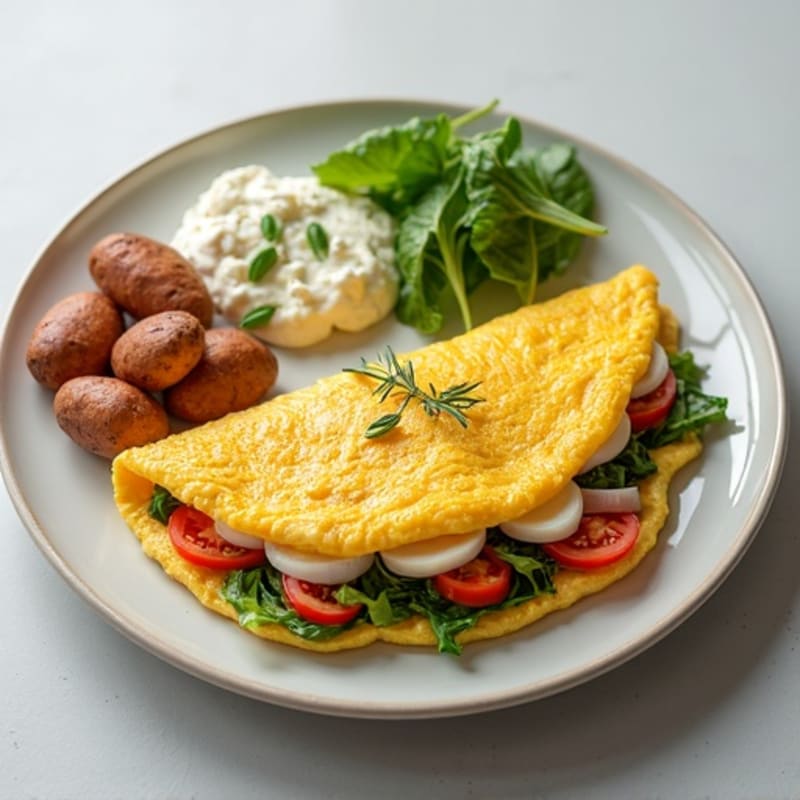 Egg White Vegetable Omelet with Cottage Cheese and Sliced Turkey