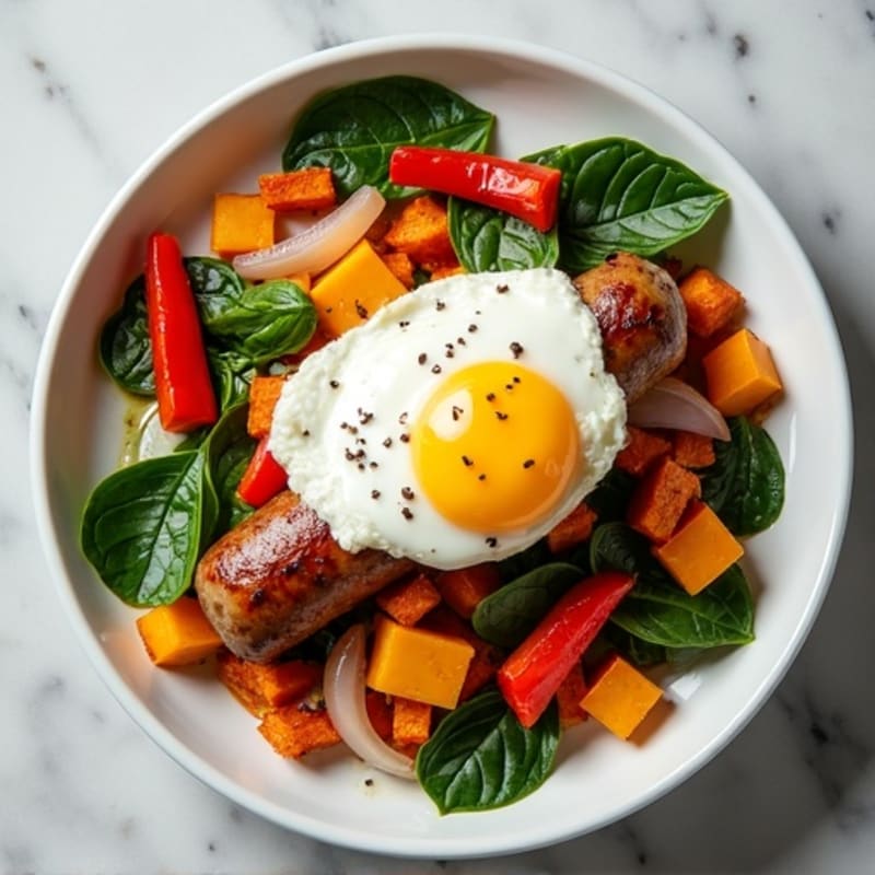 Crispy Sweet Potato Hash with Poached Eggs and Turkey Sausage