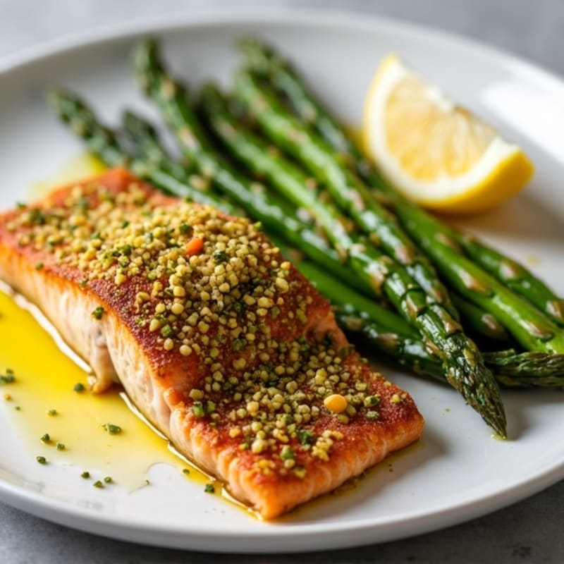 Crispy Pistachio-Crusted Salmon with Lemon-Herb Roasted Asparagus