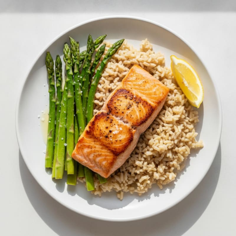 Seared Salmon with Steamed Asparagus and Brown Rice