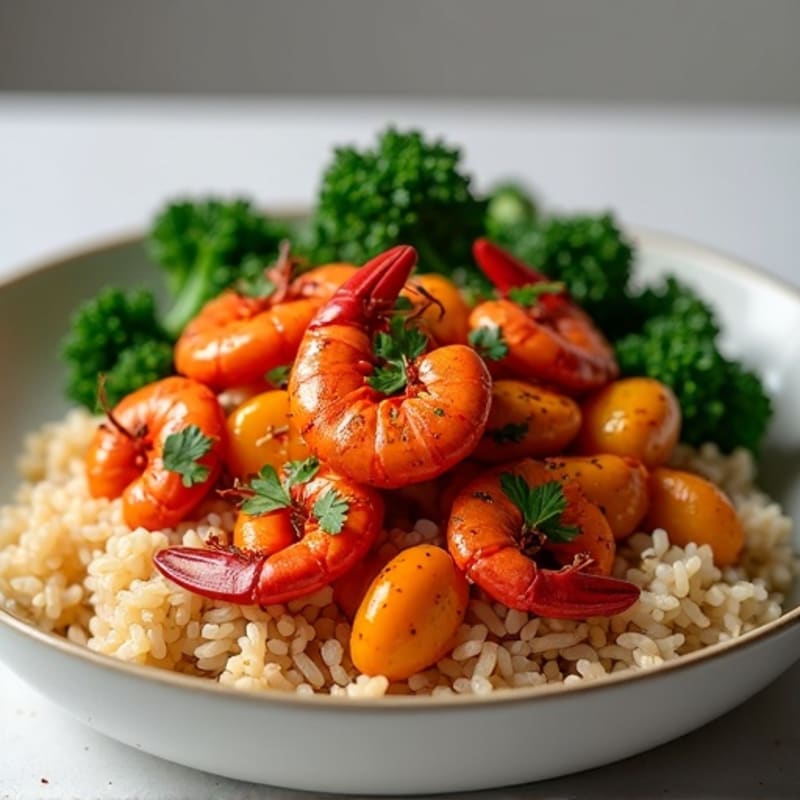 Spicy Crawfish with Fluffy Brown Rice and Tender Greens
