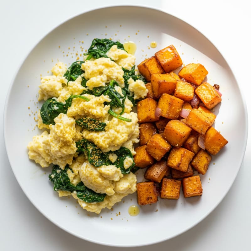 Egg White Spinach Scramble with Roasted Sweet Potatoes