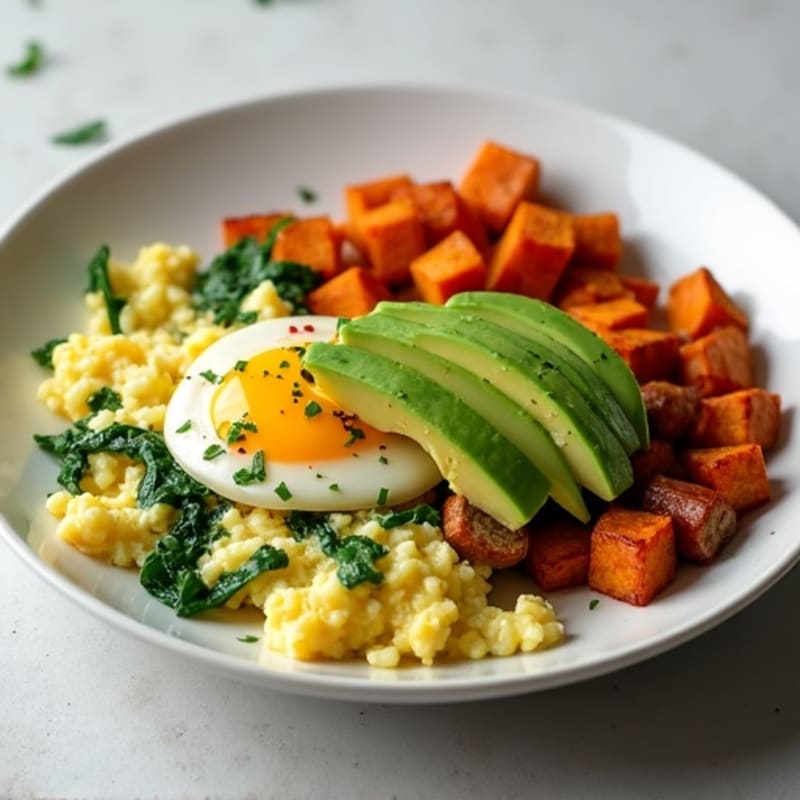 Egg White Spinach Scramble with Turkey Sausage and Sweet Potato Hash