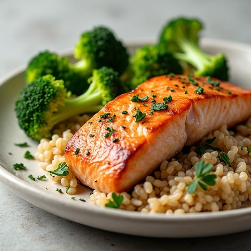 Seared Salmon Fillet with Steamed Broccoli and Herbed Brown Rice