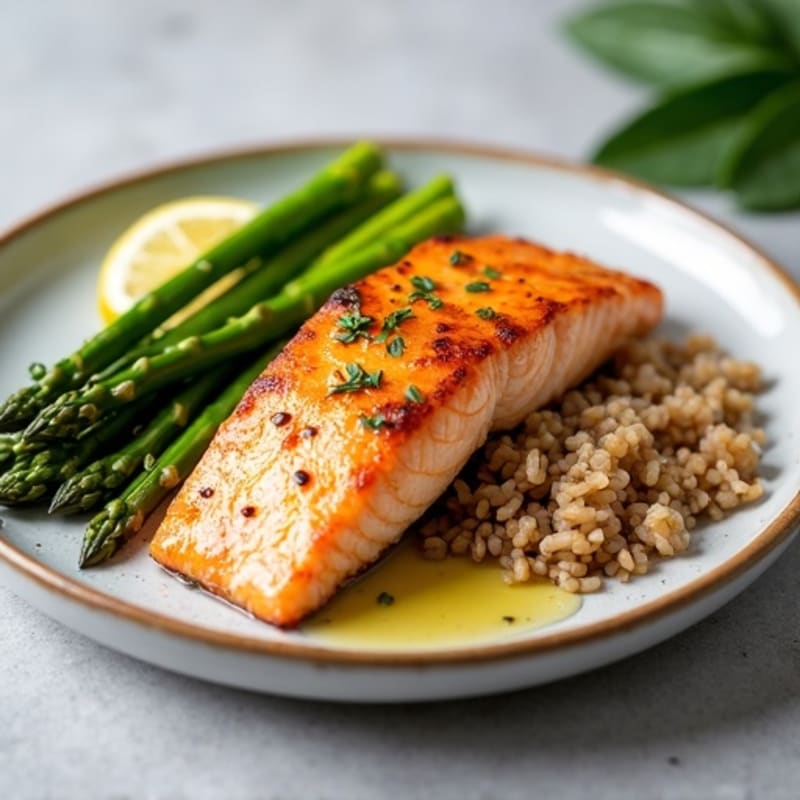 Seared Salmon Fillet with Steamed Asparagus and Brown Rice