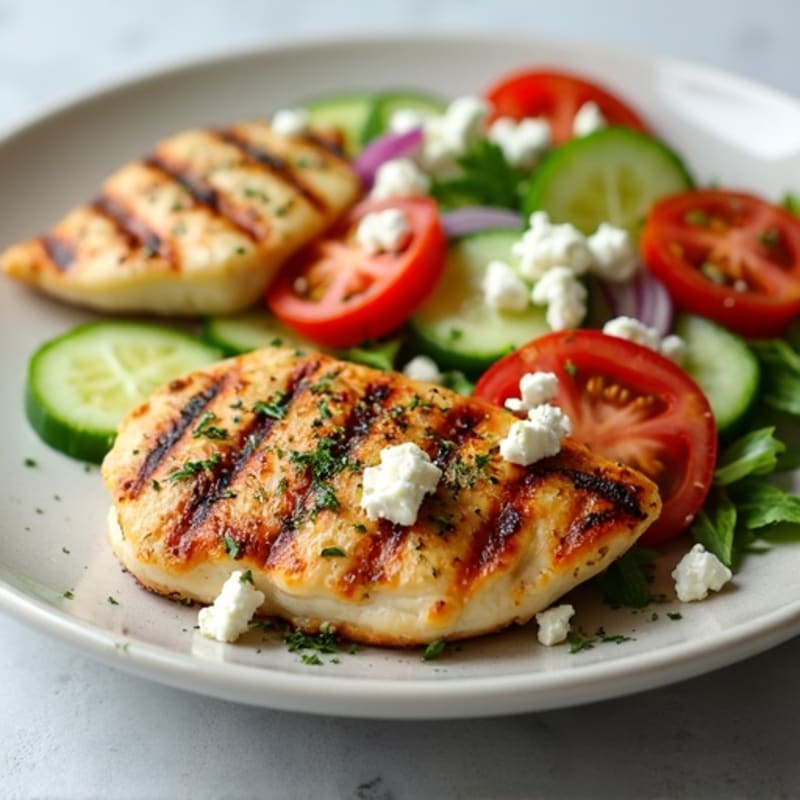 Grilled Lemon Herb Chicken with Fresh Cucumber Tomato Salad and Crumbled Feta