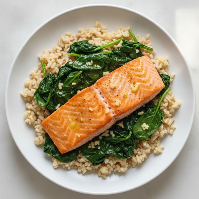 Seared Salmon with Garlic Spinach and Brown Rice
