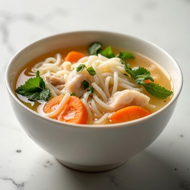 Aromatic Chicken Broth with Silky Rice Noodles and Fresh Herbs